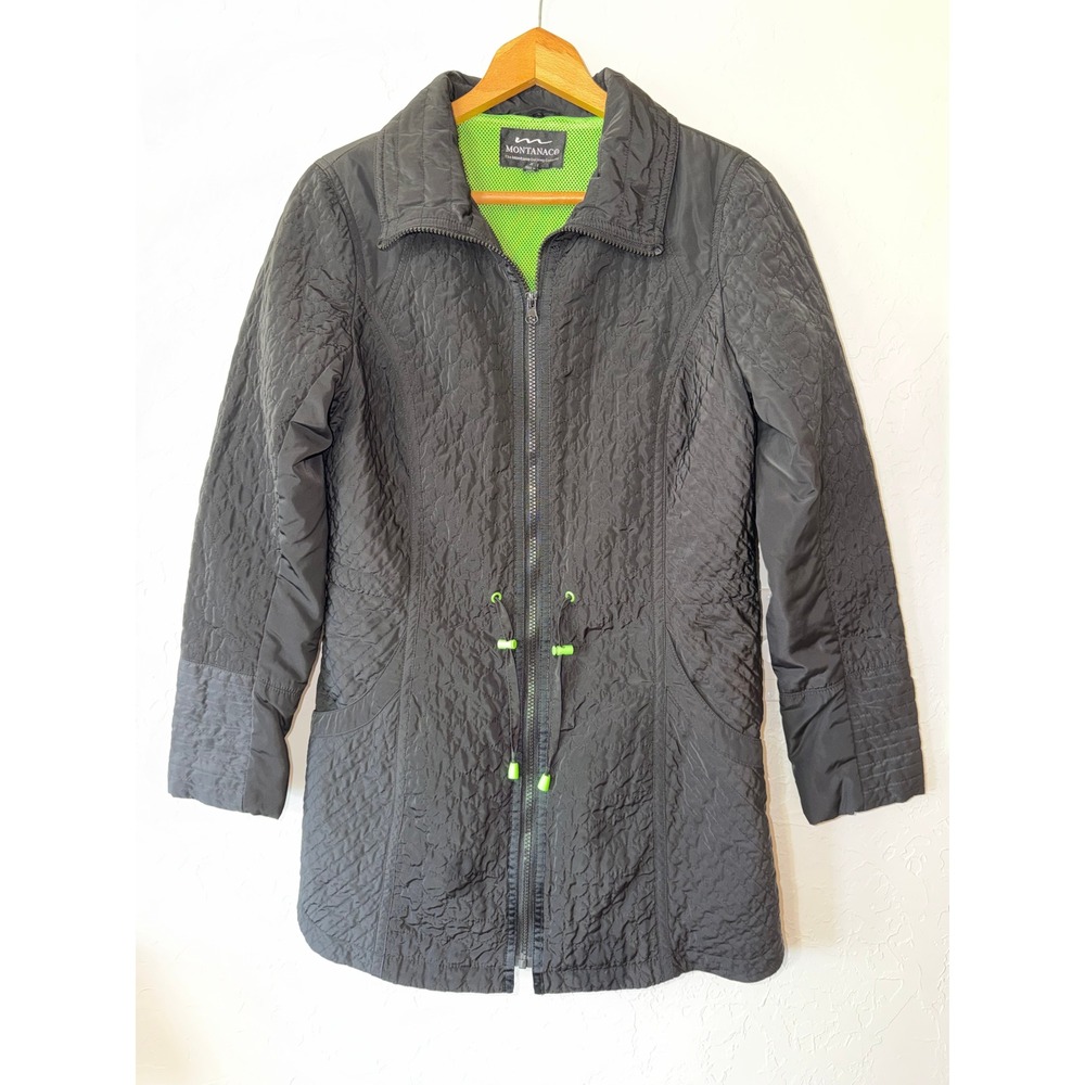 Montanaco Black Quilted Zip Up Jacket Lime Green Mesh Lining Size Medium